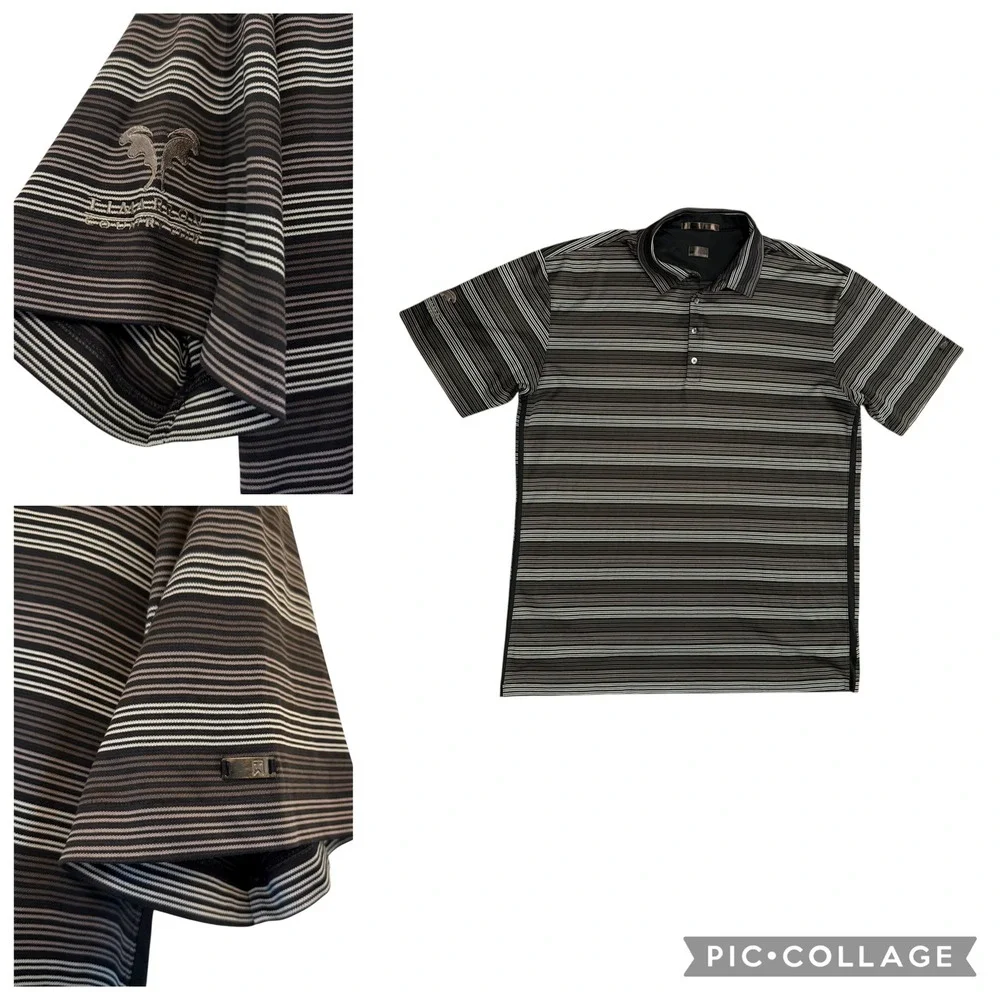 VTG Tiger Woods Nike Fit Dry Timarron Golf CC Polo Shirt Black Gray Striped XXL